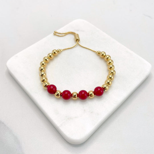 18k Gold Filled Adjustable Slide Clasp Featuring Red Ball Bracelet