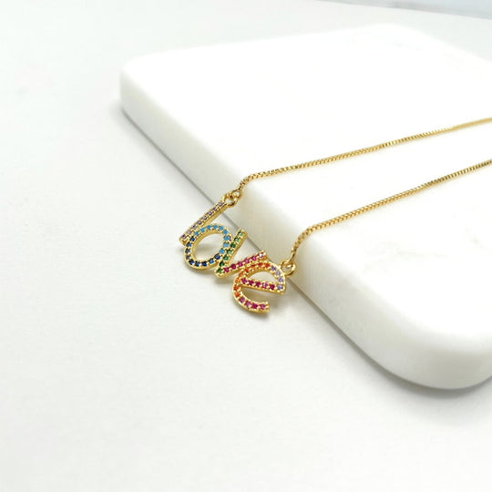 18k Gold Filled Colored Micro CZ "LOVE" Box Link Necklace