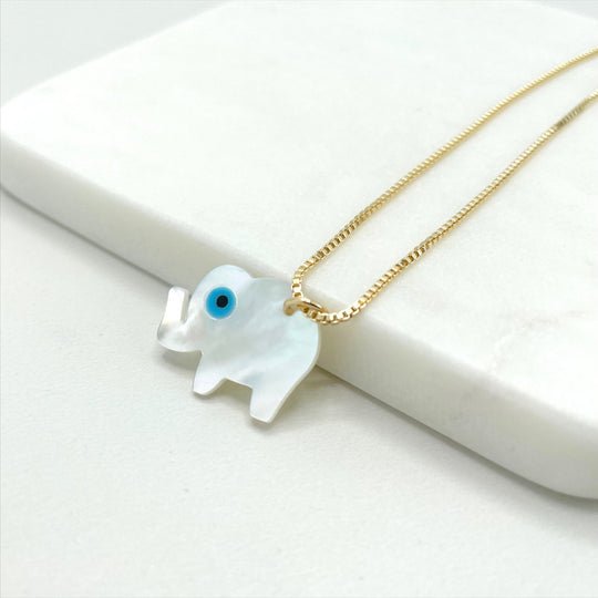 18k Gold Filled Box Link Elephant and Evil Eye Necklace