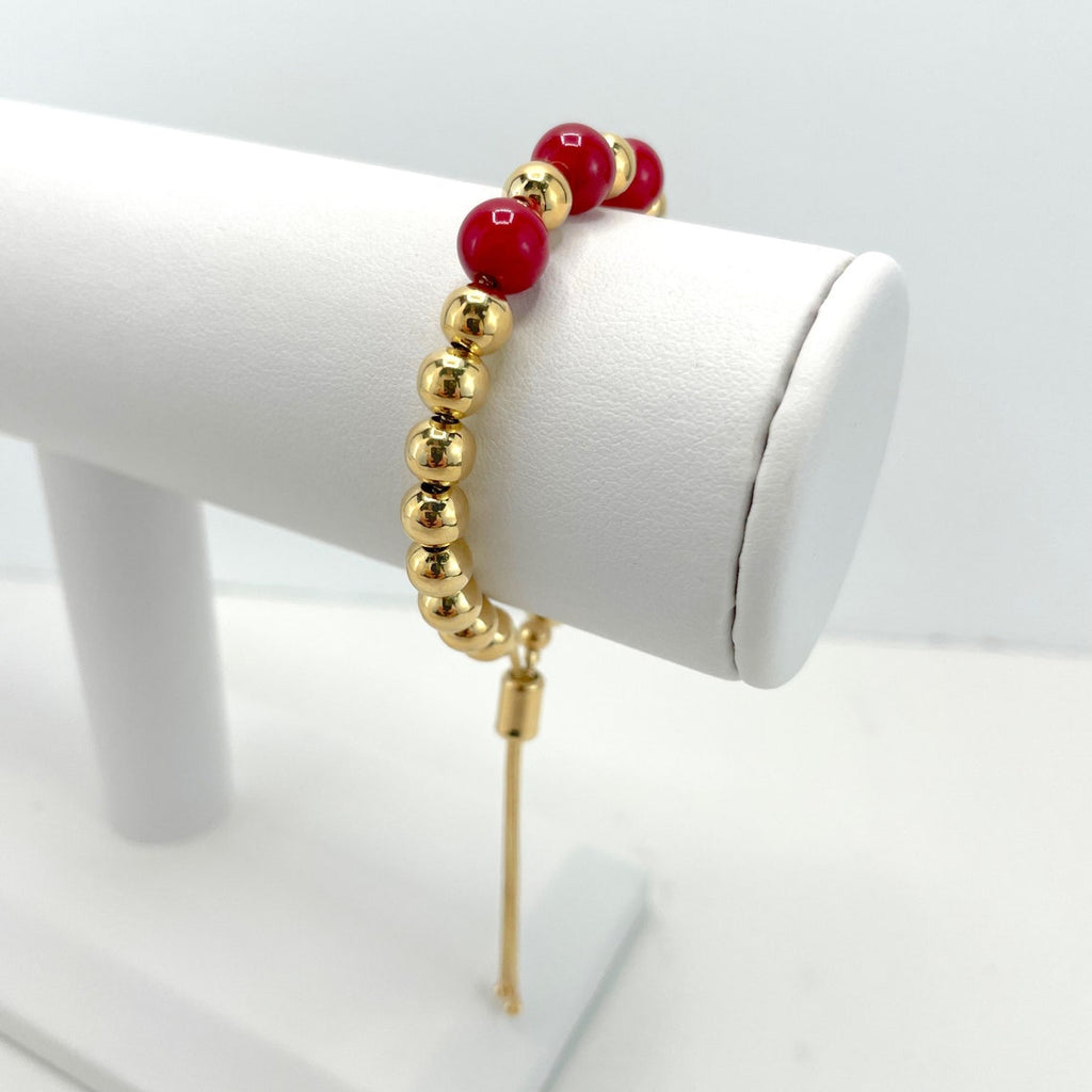 18k Gold Filled Adjustable Slide Clasp Featuring Red Ball Bracelet