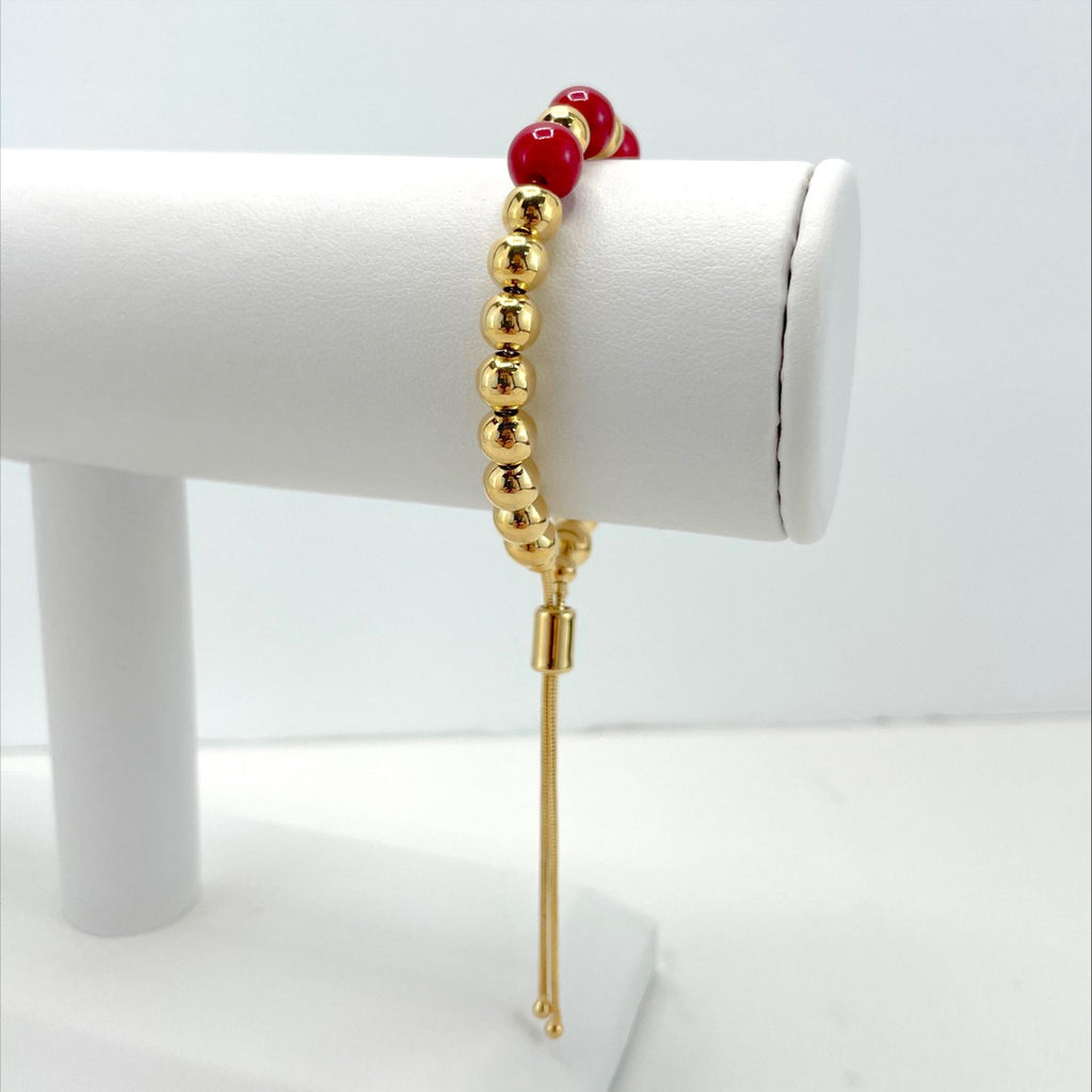 18k Gold Filled Adjustable Slide Clasp Featuring Red Ball Bracelet