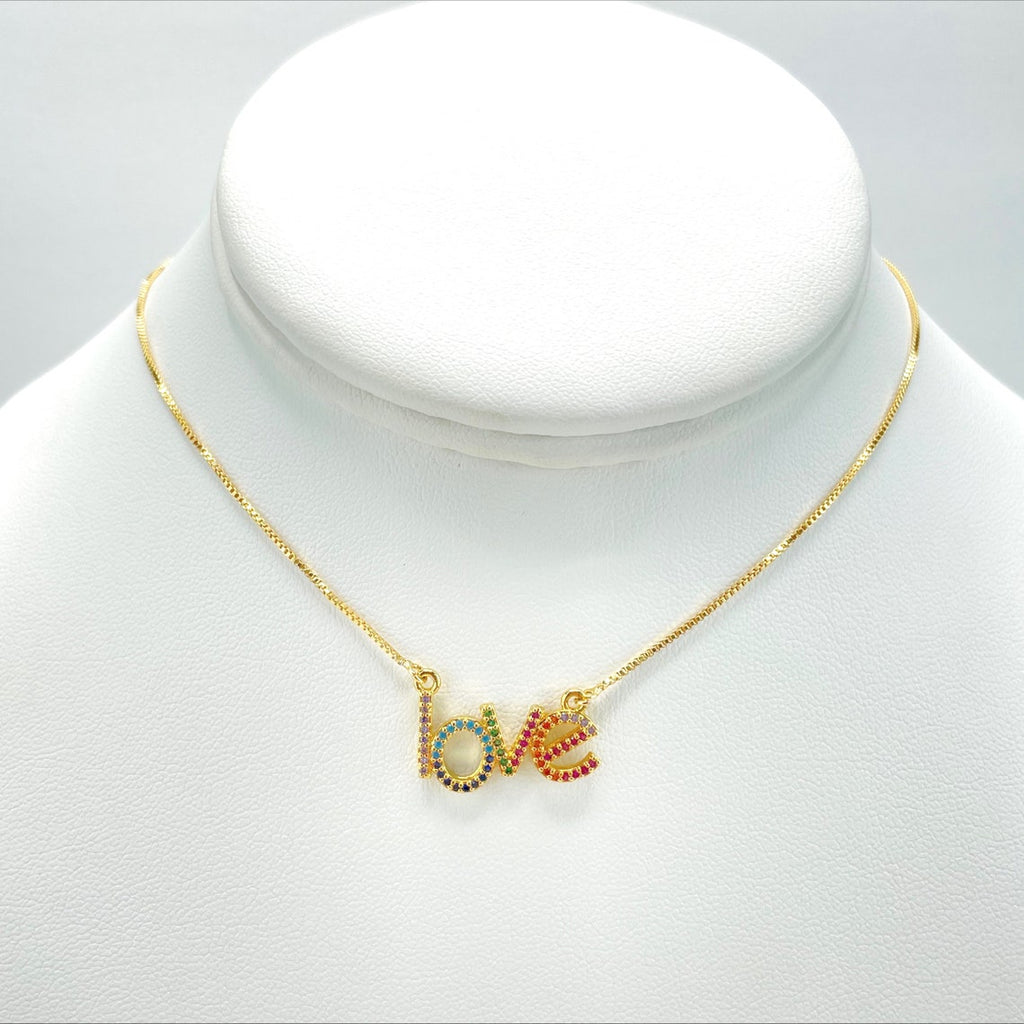 18k Gold Filled Colored Micro CZ "LOVE" Box Link Necklace