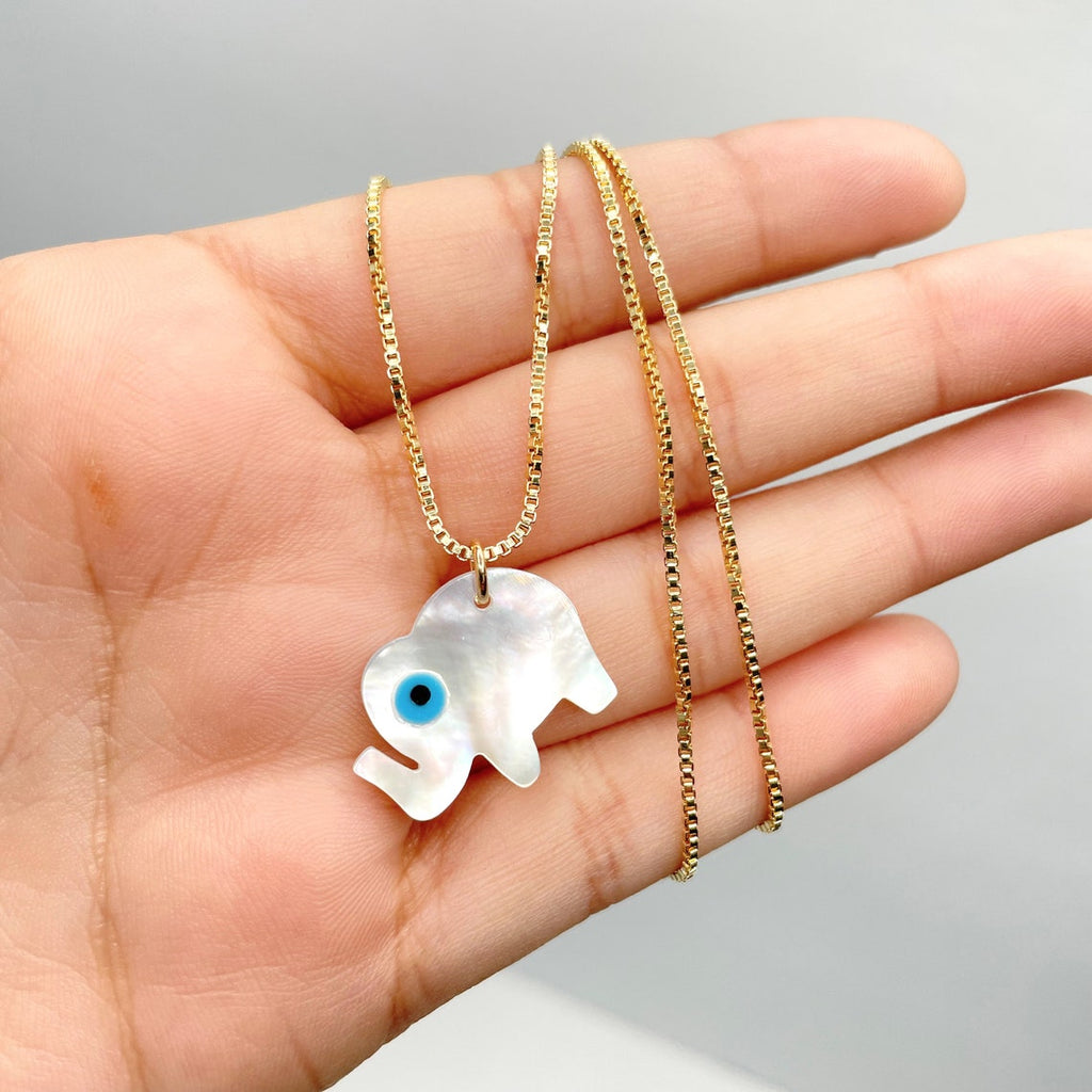 18k Gold Filled Box Link Elephant and Evil Eye Necklace
