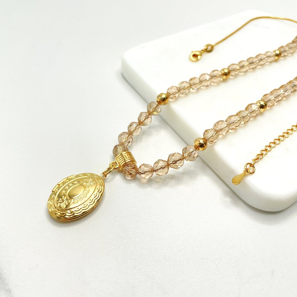 18k Gold Filled Photo Locket and Beads Necklace