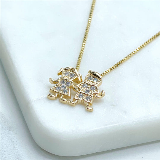 18k Gold Filled 1mm Box Chain Two Kids, Girl and Boy Holding Hands Charm Necklace