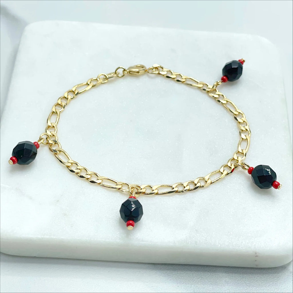18k Gold Filled Figaro Link 5mm, Black and Red Beads, Tornasol, Litmus Bracelet, Lucky & Protection