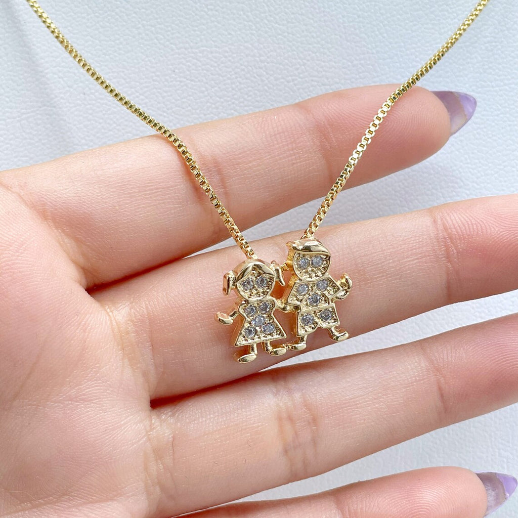 18k Gold Filled 1mm Box Chain Two Kids, Girl and Boy Holding Hands Charm Necklace