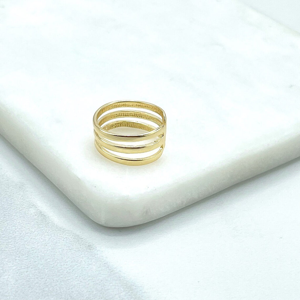 18k Gold Filled 3 Bar Design Cigar Band Adjustable Ring, Multi-Row Stacked Ring