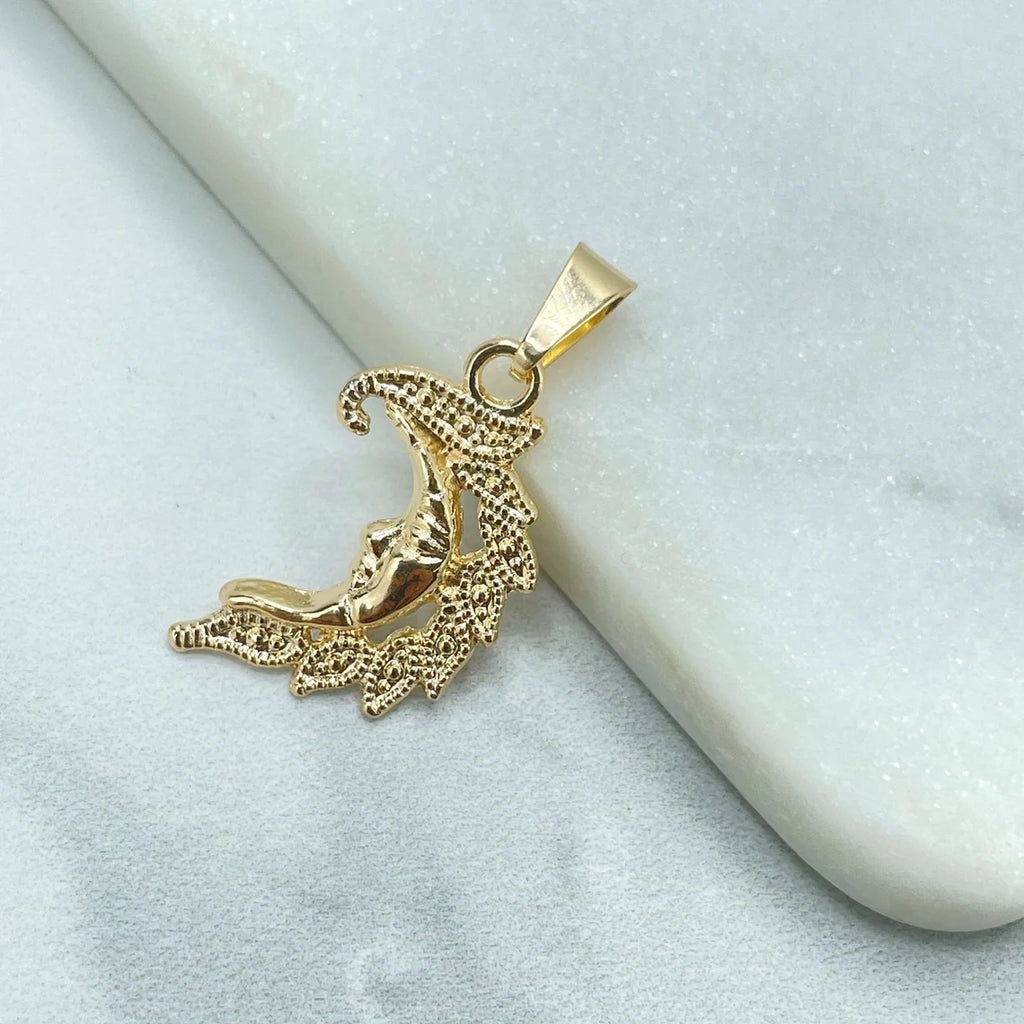18k Gold Filled Texturized Half Moon with Side Face Pendant Charm