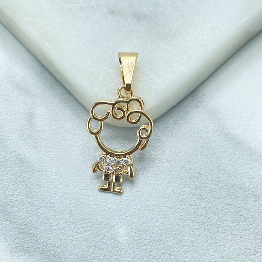 18k Gold Filled Clear Cubic Zirconia  Cutout Boy Son Charm with Curly Hair