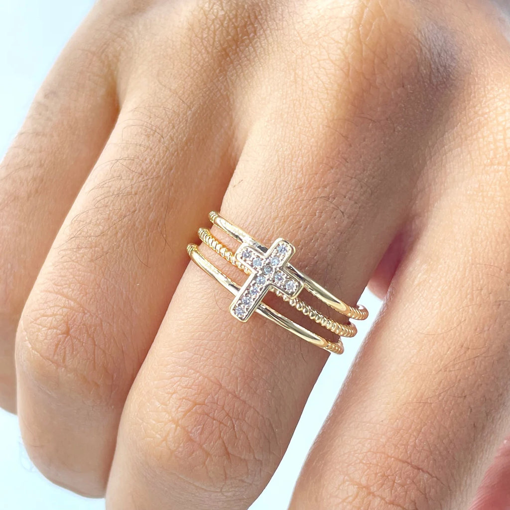 18k Gold Filled Simulated Stackable Ring with Three Layers & CZ Cross Front