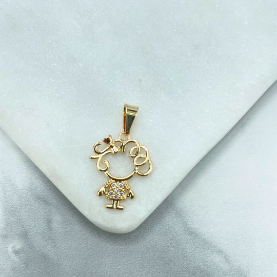 18k Gold Filled Cubic Zirconia Cutout Girls Charm with Curly Hair