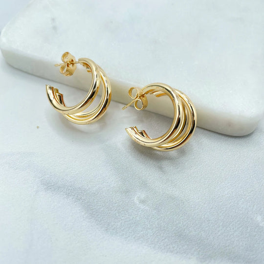 18k Gold Filled Three Hoops Layers 21mm Hoops Earrings