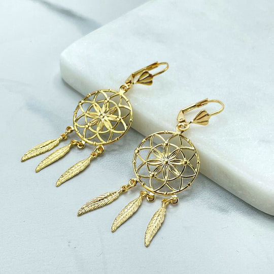 18k Gold Filled Textured Drop Dream Catcher Feather Dangle Earrings