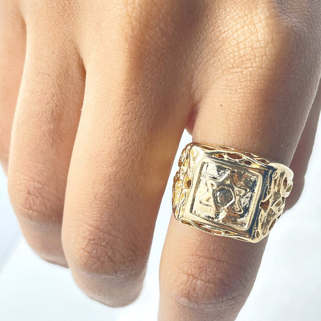 18k Gold Filled Texturized Star of David Jewish Ring, Unisex Ring
