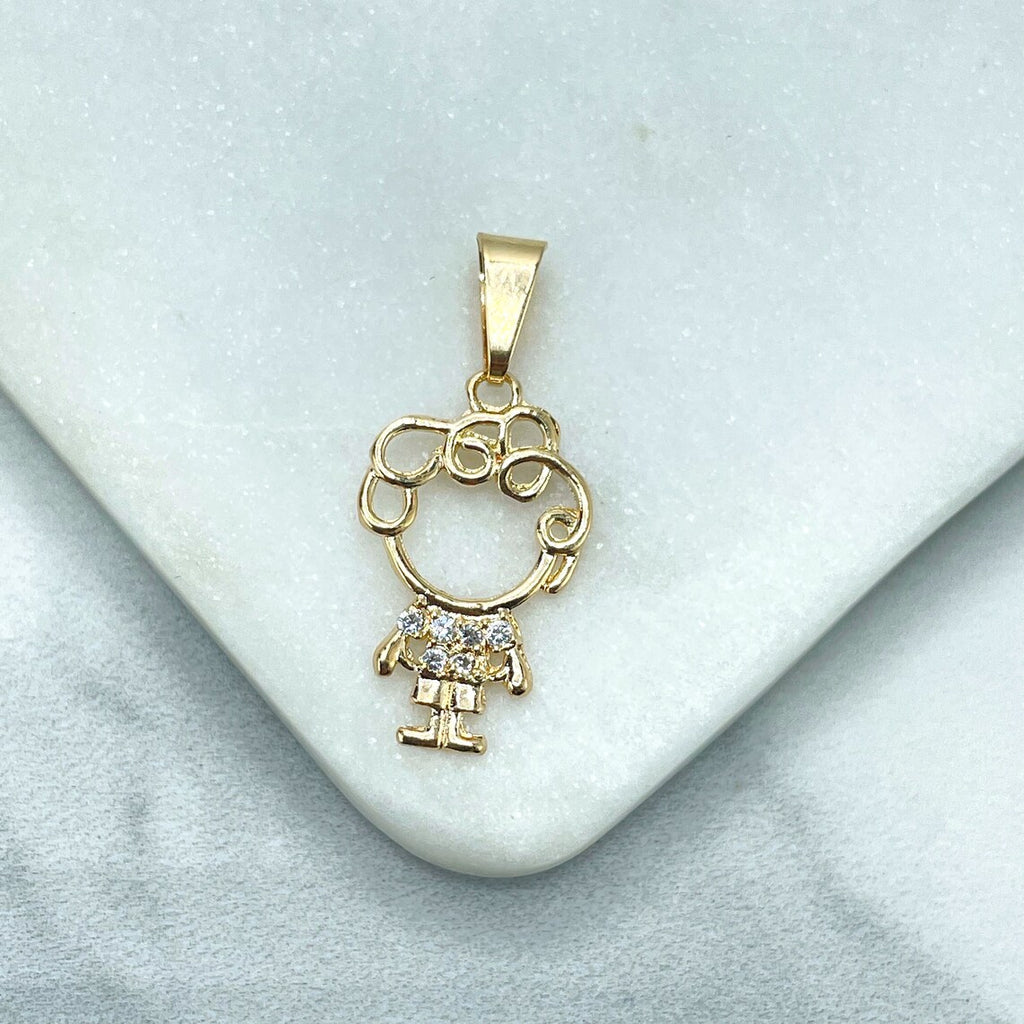 18k Gold Filled Clear Cubic Zirconia  Cutout Boy Son Charm with Curly Hair