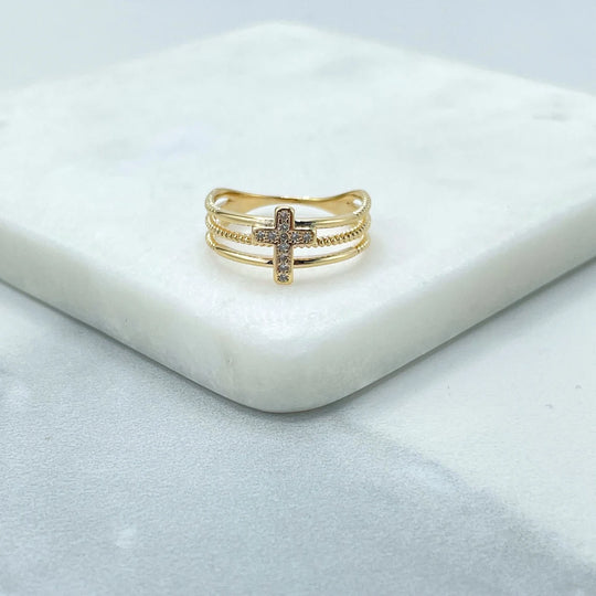 18k Gold Filled Simulated Stackable Ring with Three Layers & CZ Cross Front