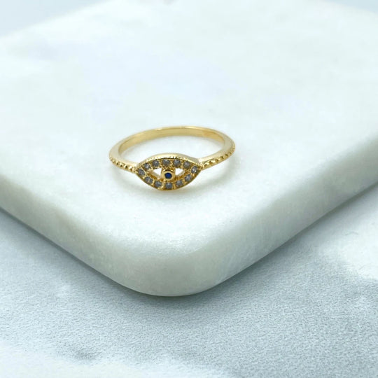 18k Gold Filled Clear Cubic Zirconia and Blue CZ Cutout Evil Eyes Ring
