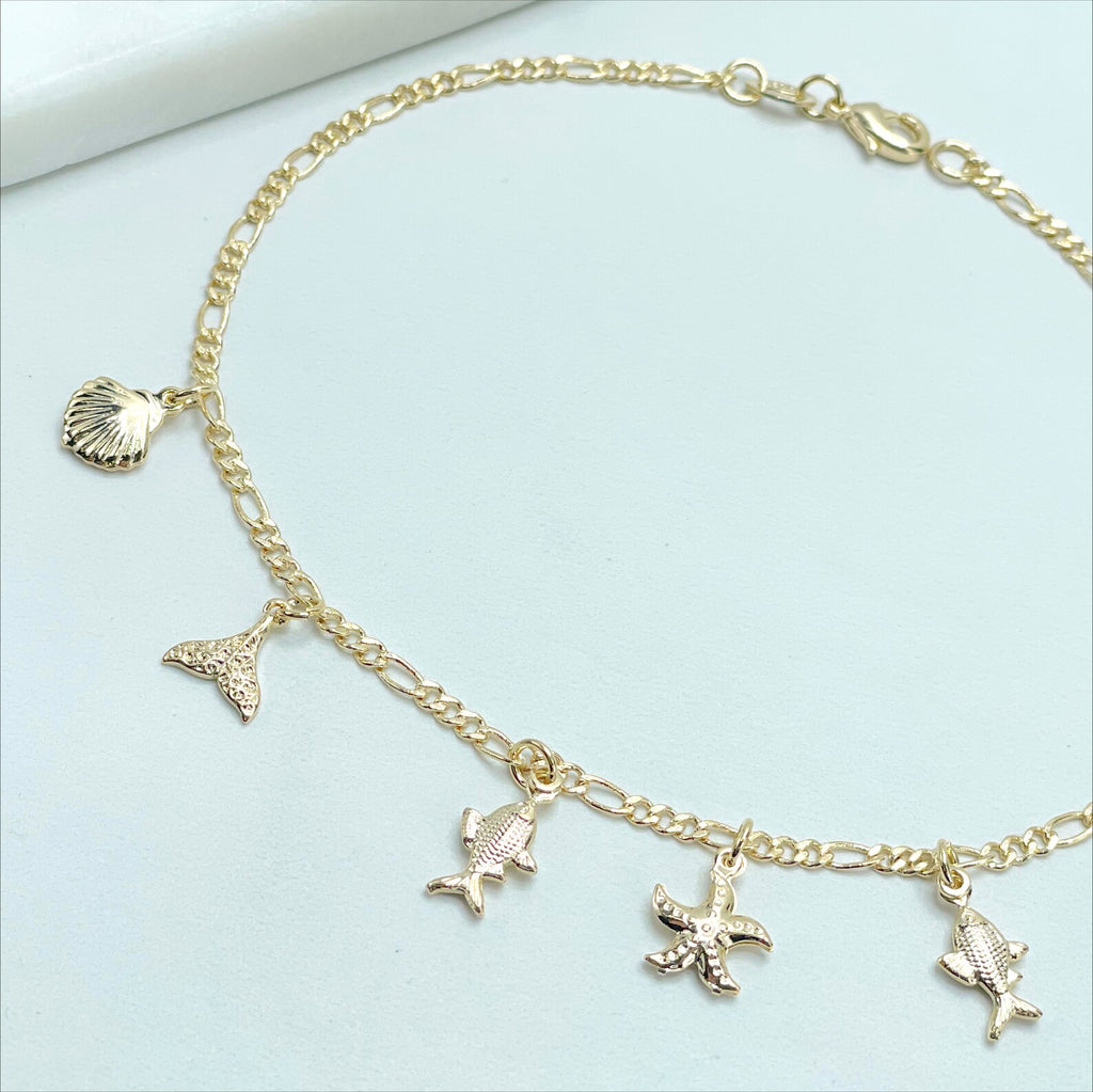 PAULA 18k Gold Filled Figaro Link 10 inches Sea Charms Anklet