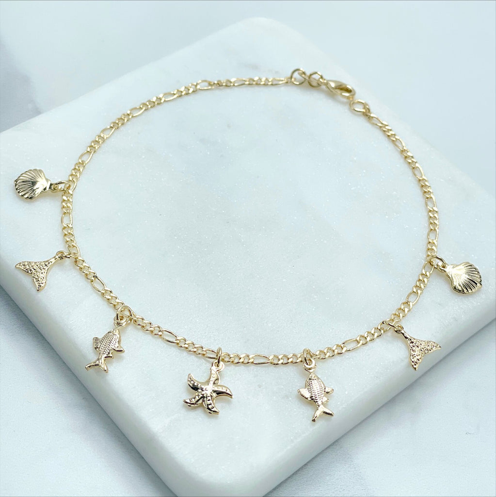 PAULA 18k Gold Filled Figaro Link 10 inches Sea Charms Anklet