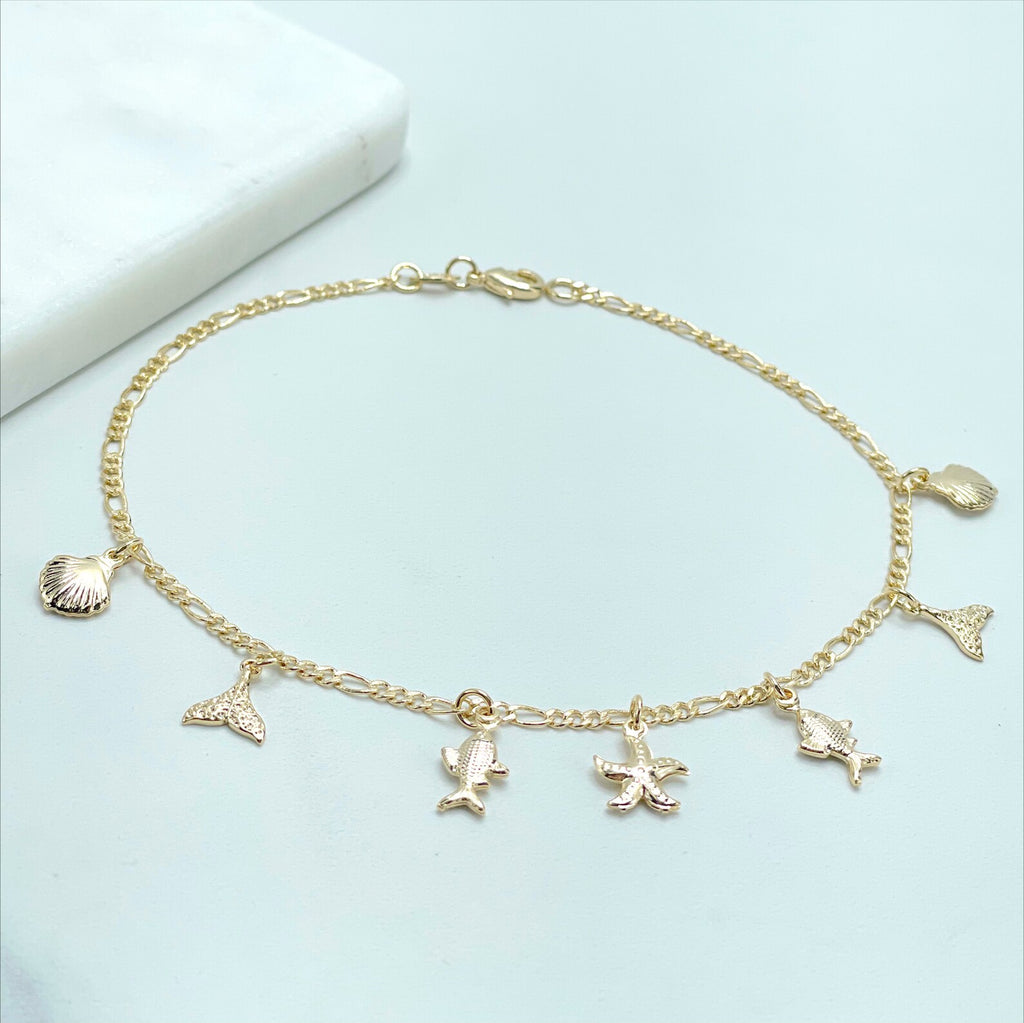 PAULA 18k Gold Filled Figaro Link 10 inches Sea Charms Anklet