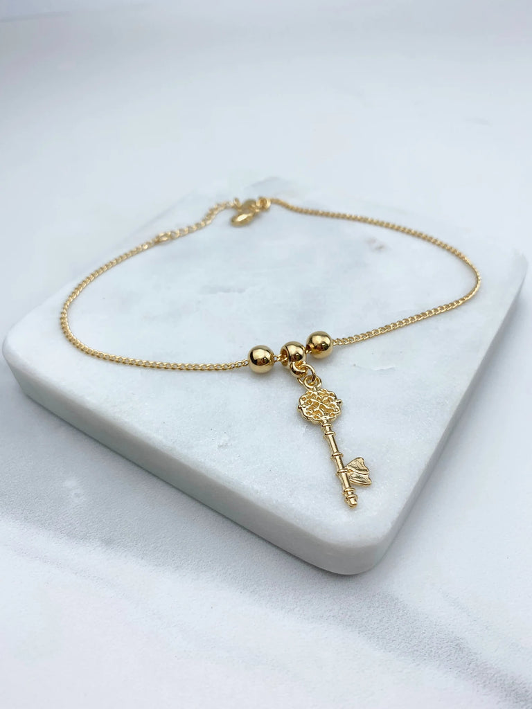 18k Gold Filled Key and Balls Charms Anklet