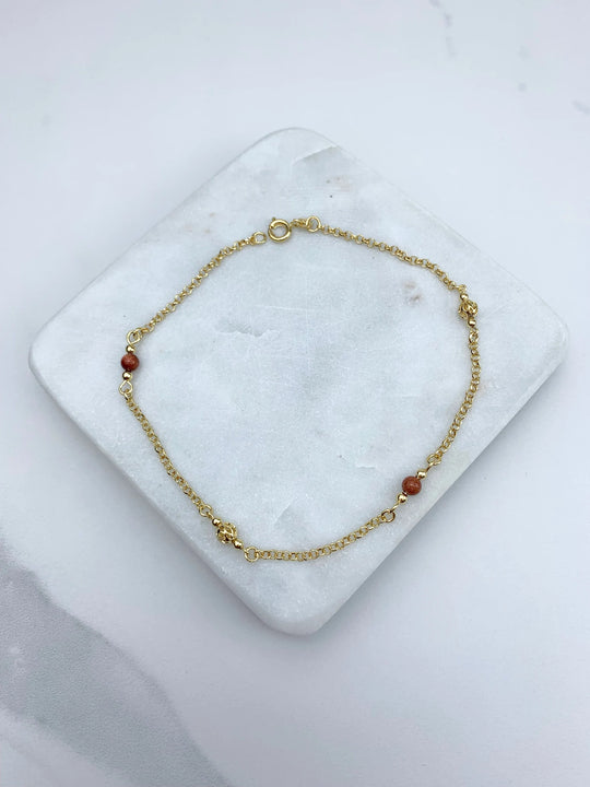 18k Gold Filled Rolo Chain Linked Venturina and Gold Beads Anklet