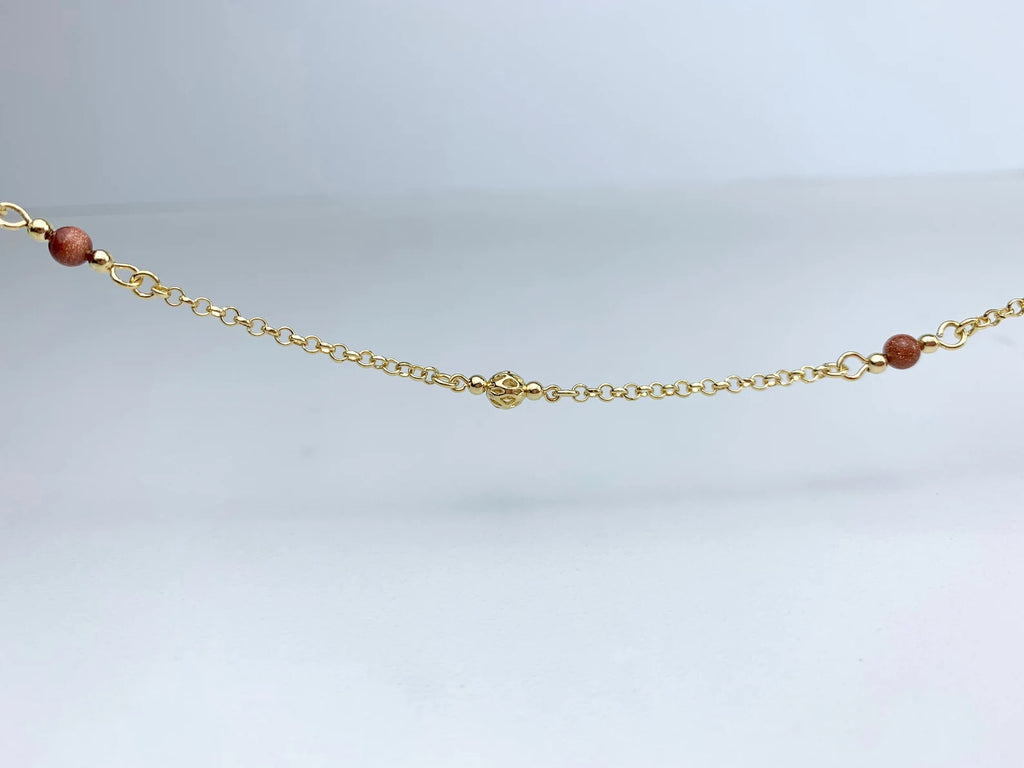 18k Gold Filled Rolo Chain Linked Venturina and Gold Beads Anklet