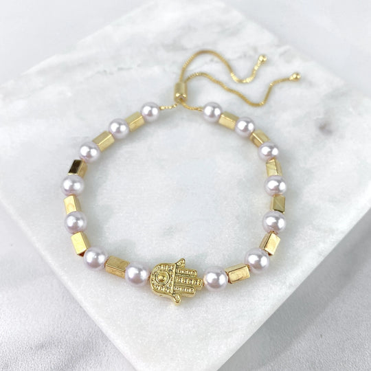 18k Gold Filled Simulated Pearl Hamsa Hand Adjustable Bracelet