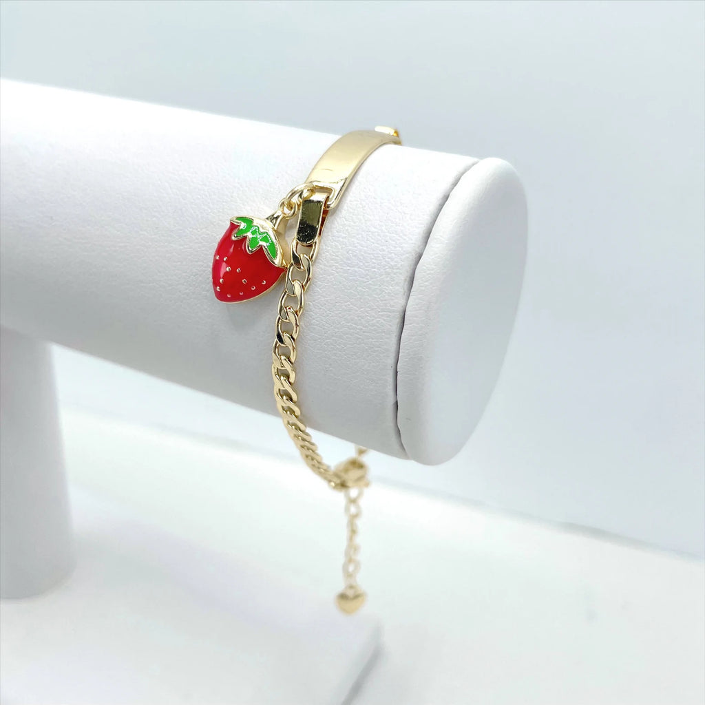 18k Gold Filled Cuban Link Chain & Strawberry Charms ID Kids Bracelet