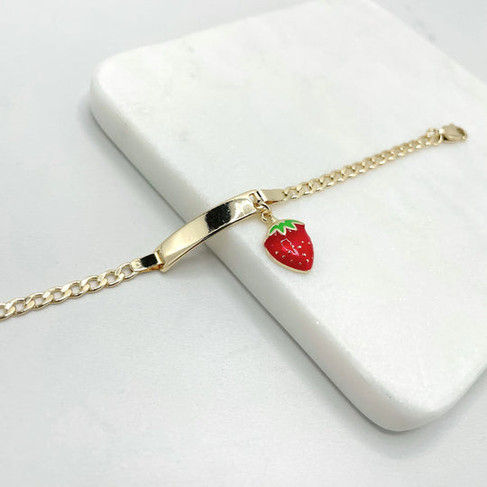 18k Gold Filled Cuban Link Chain & Strawberry Charms ID Kids Bracelet