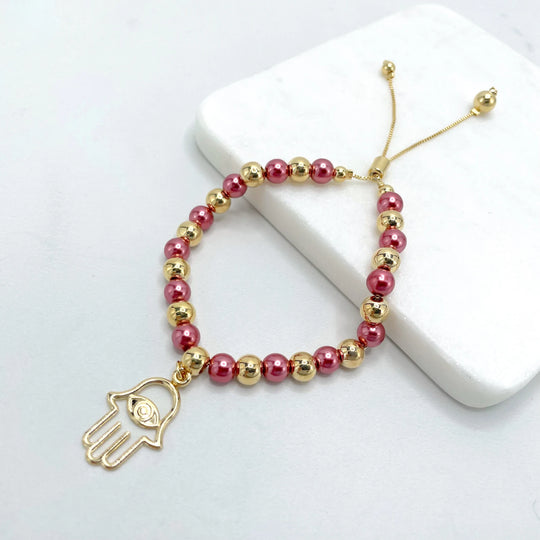 18k Gold Filled Hamsa Hand Adjustable Pink  Beaded Bracelet