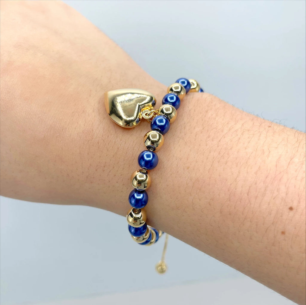 18k Gold Filled  Heart Charm Adjustable Blue Beaded Bracelet