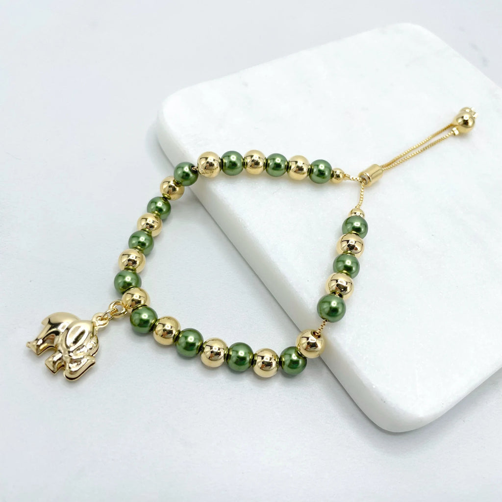 18k Gold Filled  Elephant Charm Adjustable Green Bracelet