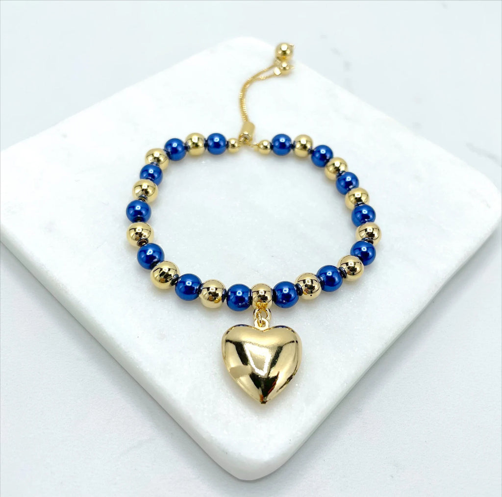 18k Gold Filled  Heart Charm Adjustable Blue Beaded Bracelet