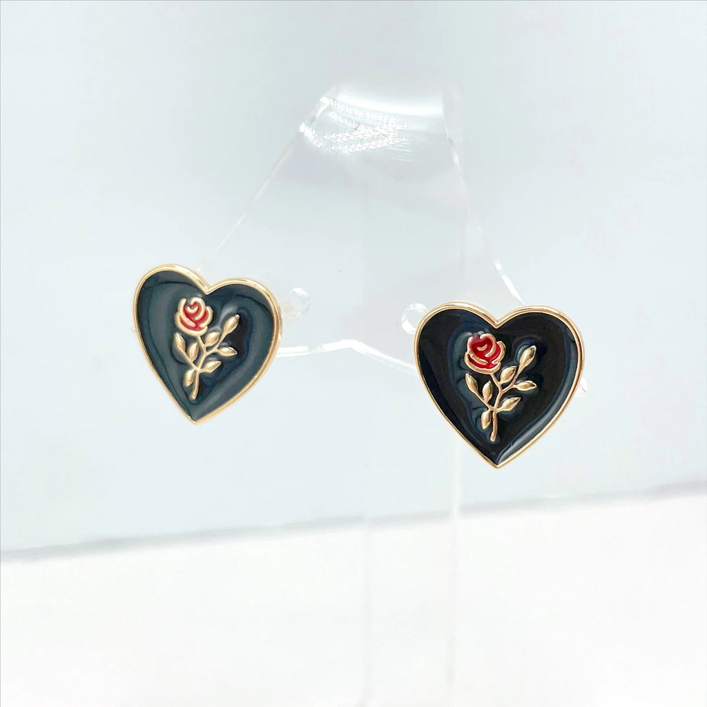 18k Gold Filled Colored Enamel Vintage Rose Heart Shape Earrings