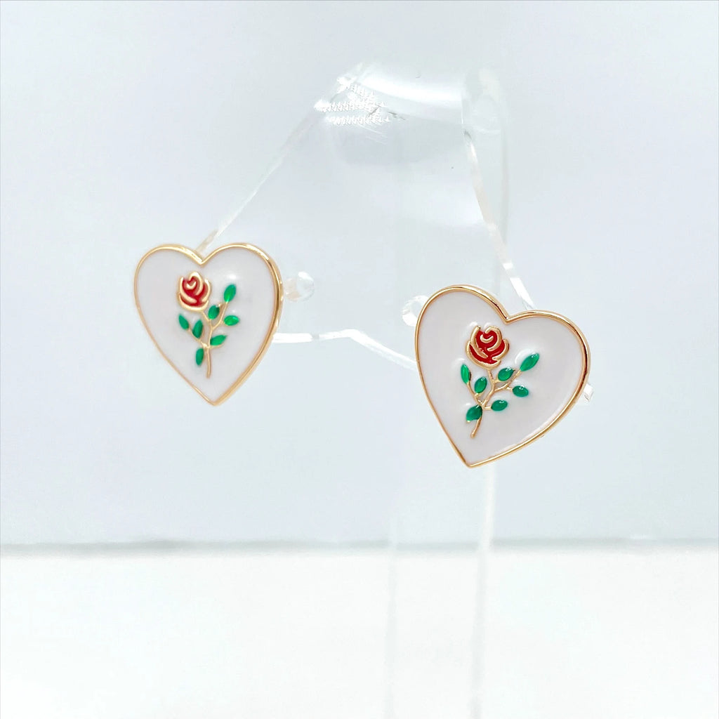 18k Gold Filled Colored Enamel Vintage Rose Heart Shape Earrings