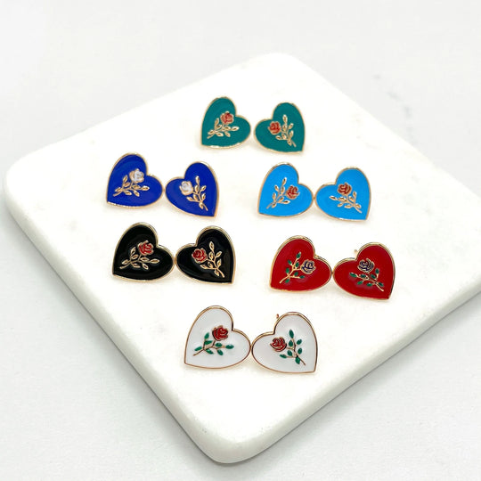 18k Gold Filled Colored Enamel Vintage Rose Heart Shape Earrings