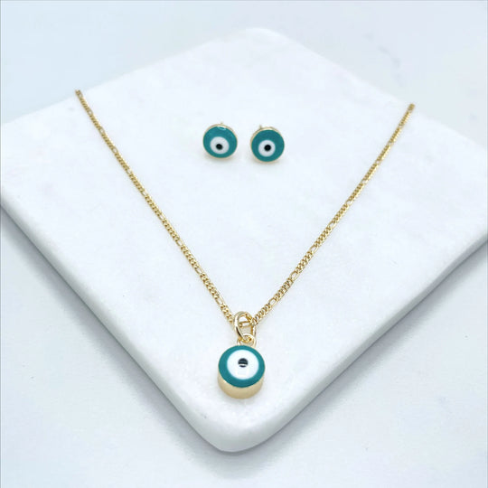 18k Gold Filled Green Enamel Evil Eye Stud Earrings and Charms Set