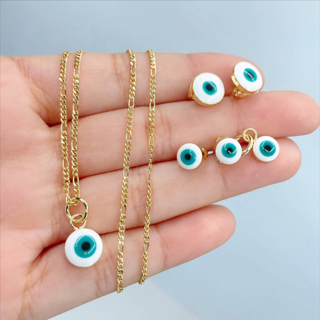 18k Gold Filled Green and White Enamel Evil Eye Stud Earrings and Charms Set