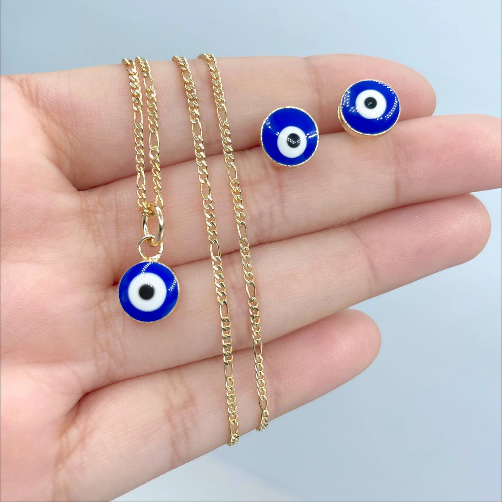 18k Gold Filled Blue Evil Eyes Stud Earrings, Charms and Figaro Chain Set