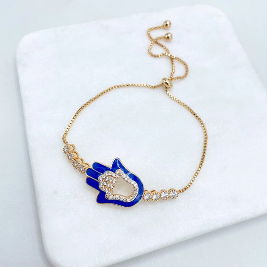 18k Gold Filled Blue Hamsa Hand Adjustable Bracelet