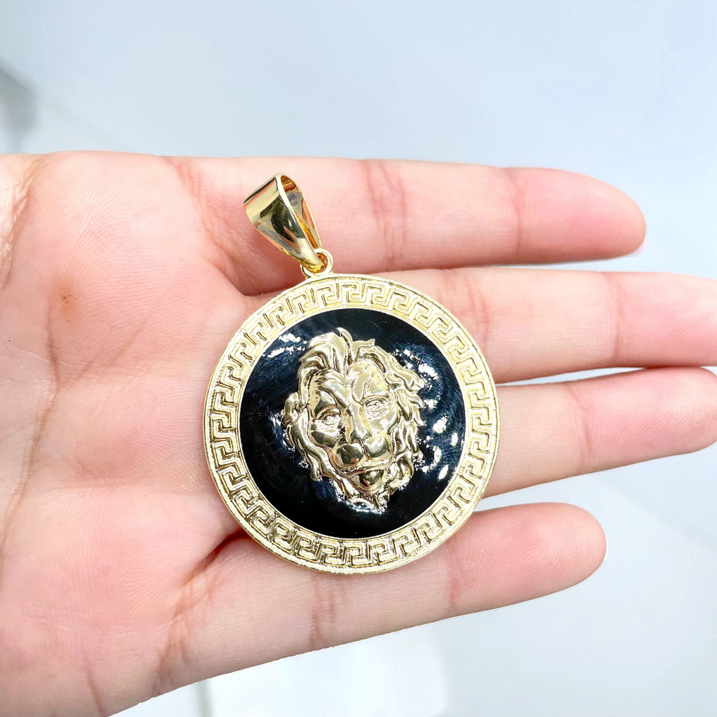 18k Gold Filled Black Enamel Lion Face Medal Pedant