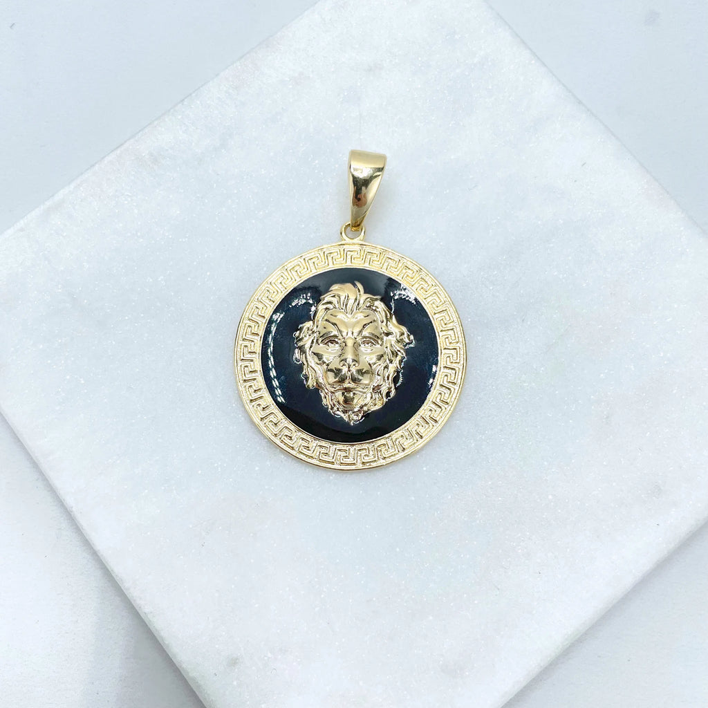 18k Gold Filled Black Enamel Lion Face Medal Pedant