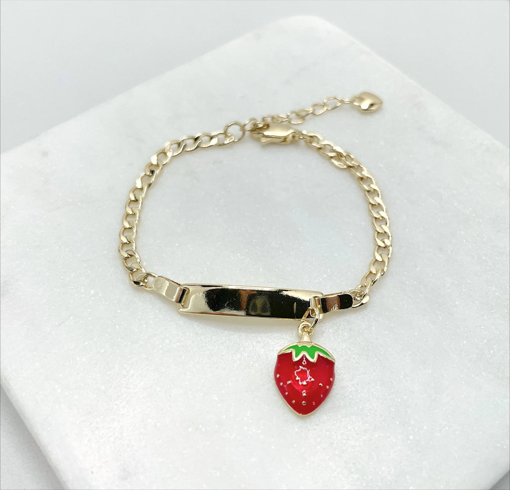 18k Gold Filled Cuban Link Chain & Strawberry Charms ID Kids Bracelet