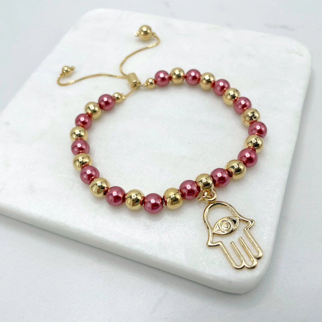 18k Gold Filled Hamsa Hand Adjustable Pink  Beaded Bracelet