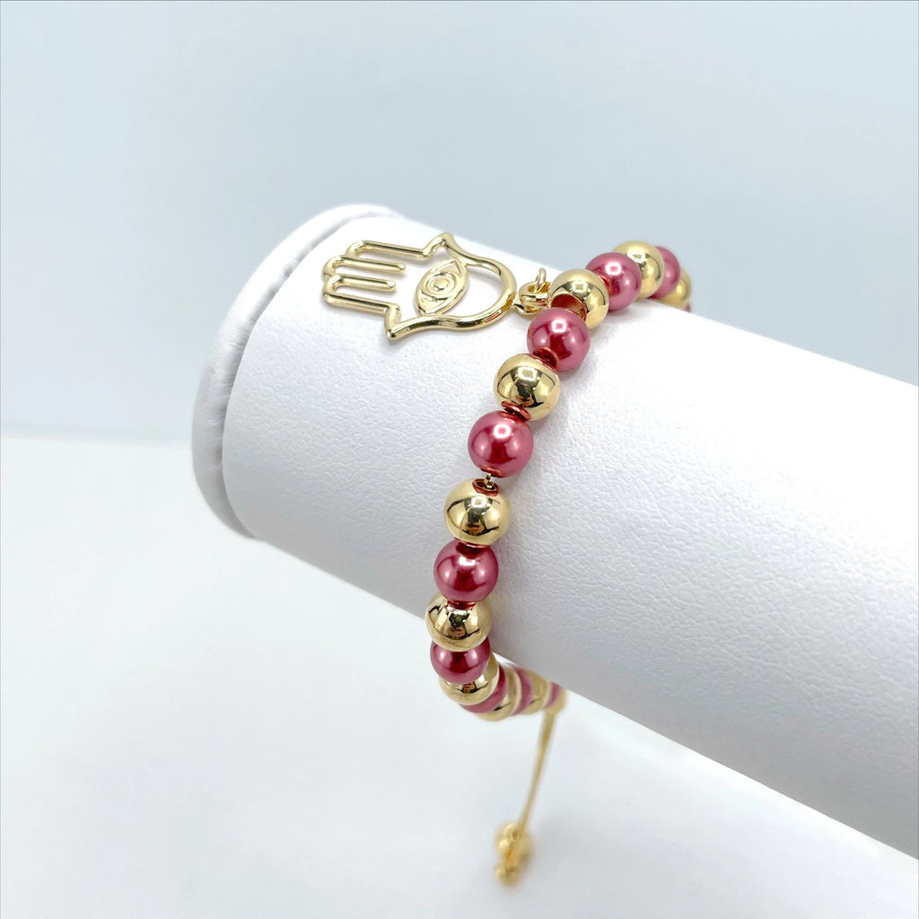 18k Gold Filled Hamsa Hand Adjustable Pink  Beaded Bracelet