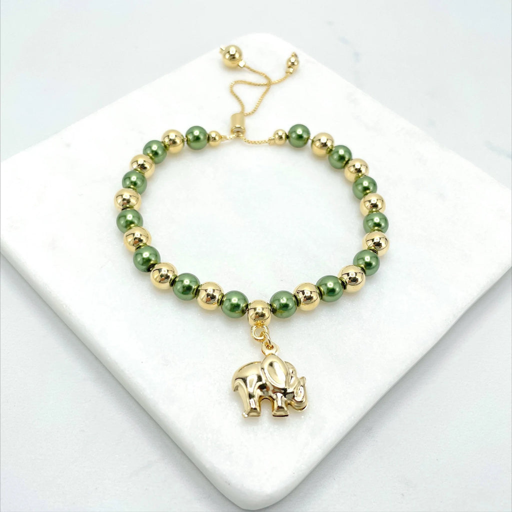 18k Gold Filled  Elephant Charm Adjustable Green Bracelet