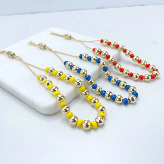 18k Gold Filled Beads Red Blue or Yellow Adjustable Bracelet
