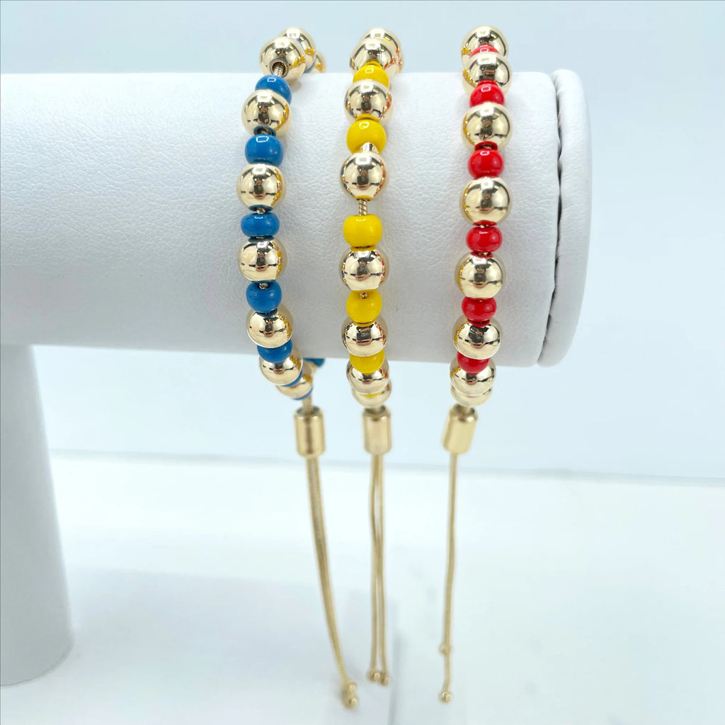 18k Gold Filled Beads Red Blue or Yellow Adjustable Bracelet